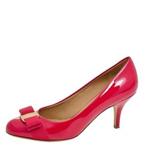 Pre Owned Salvatore Ferragamo Pink Patent Leather Carla Vara Bow Pumps Size 36.5