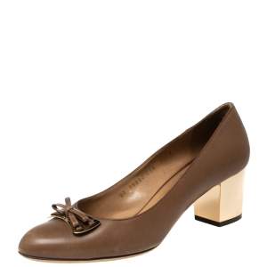 Pre Owned Salvatore Ferragamo Brown Leather Bow Block Heel Pumps Size 38