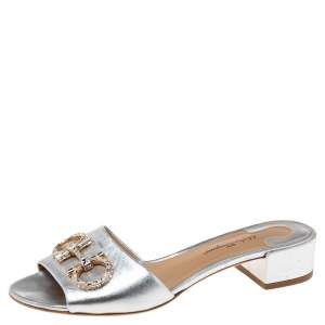 Salvatore Ferragamo Silver  Leather Henri Crystal Mules Size 38.5