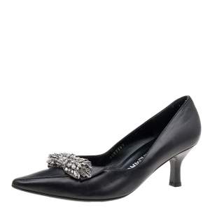 Salvatore Ferragamo Black Leather Crystal Embellished Pumps Size 38.5