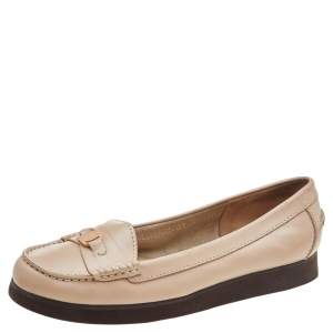 Pre Owned Salvatore Ferragamo Beige Leather Slip on Loafers Size 38.5 