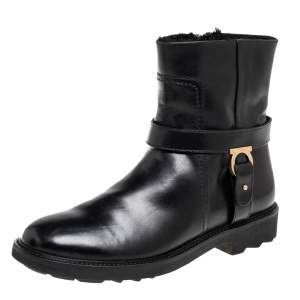 Pre Owned Salvatore Ferragamo Black Leather Gancini Logo Buckle Ankle Boots Size 39.5