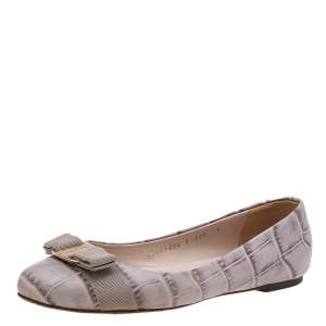 Salvatore Ferragamo Grey Croc Embossed Leather Varina Ballet Flats Size 37.5