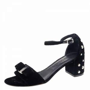 Salvatore Ferragamo Black Velvet Studded Block Heel Ankle Strap Sandals Size 38