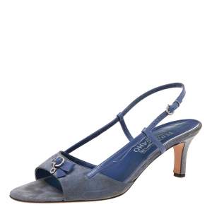 Salvatore Ferragamo Blue Suede and Leather Slingback Sandals Size 40