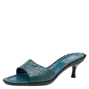 مملوكة مسبقًا صندل سلايد سالفاتوري فيراغامو جلد نقشة غانسيني أزرق مقاس 40