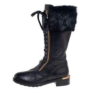 Pre Owned Salvatore Ferragamo Black Leather And Fur Trim Lapo Tall Combat Boots Size 39