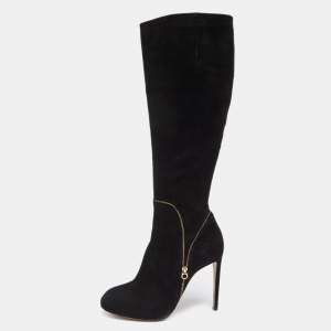 Pre Owned Salvatore Ferragamo Black Suede Zip Detail Knee Length Boots Size 39.5