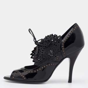 Pre Owned Salvatore Ferragamo Black Laser Cut Patent And Leather Peep Toe Booties Size 38.5