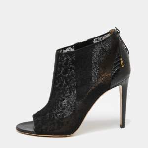 Pre Owned Salvatore Ferragamo Black Lace and Python Leather Nufus Open Toe Ankle Booties Size 40.5 