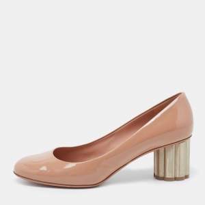 Pre Owned Salvatore Ferragamo Beige Patent Leather Lucca Block Heel Pumps Size 40