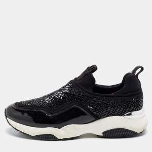 Pre Owned Salvatore Ferragamo Black Crystal Embellished Neoprene and Patent Leather Giolly Slip-on Sneakers Size 36.5