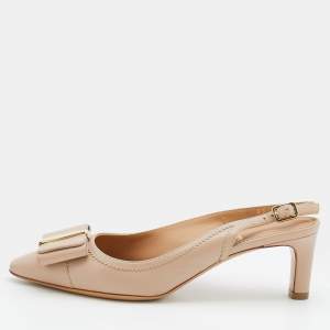 Salvatore Ferragamo Beige Leather Vara Bow Slingback Sandals Size 36