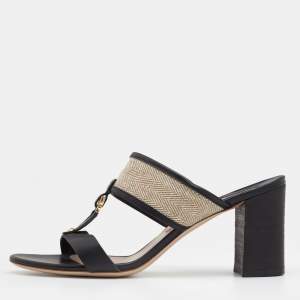 Salvatore Ferragamo Black Canvas and Leather Gancini Slides Size 39.5