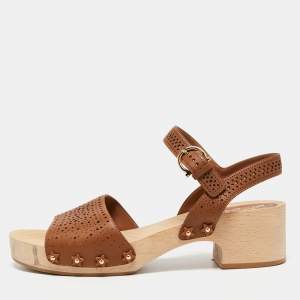 Salvatore Ferragamo Brown Perforated Leather Ganga Clog Ankle Strap Sandals Size 40.5