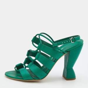Pre Owned Salvatore Ferragamo Green Lizard Embossed Leather Strappy Sandals Size 40.5