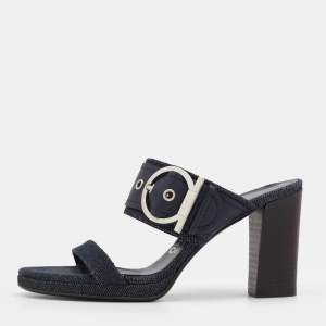 Salvatore Ferragamo Blue Leather And Denim Gancini Slide Sandals Size 36.5
