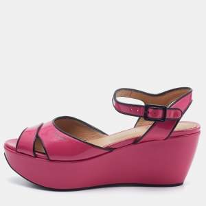 Salvatore Ferragamo Pink/Black Patent Leather Platform Ankle Strap Sandals Size 37