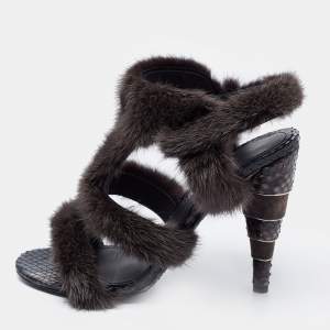 Salvatore Ferragamo Dark Grey Mink Fur Larix Cage Strappy Sandals Size 39