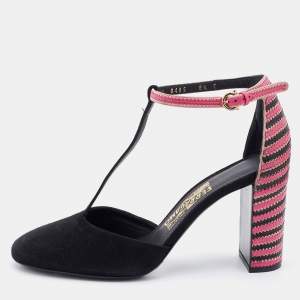 Salvatore Ferragamo Black/Pink Suede And Leather Fergie T-Strap Pumps Size 39