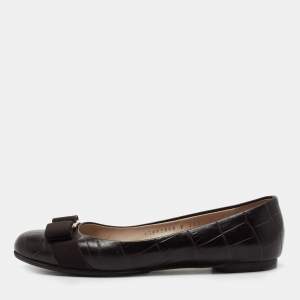 Salvatore Ferragamo Dark Brown Croc Embossed Leather Varina  Ballet Flats Size 37.5