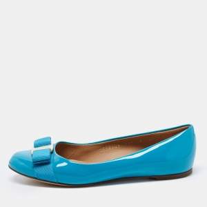Salvatore Ferragamo Blue Patent Leather Vara Bow Flats Size 36.5