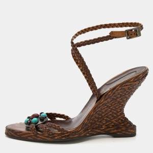 Salvatore Ferragamo Brown/Bronze Woven Leather Embellished Wedge Ankle Strap Sandals Size 39.5