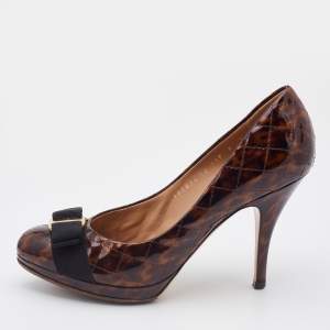 Salvatore Ferragamo Brown Animal Print Quilted Patent Leather Vara Bow Pumps Size 38.5
