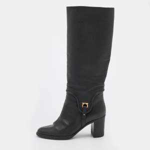 Pre Owned Salvatore Ferragamo Black Leather Knee Length Boots Size 39.5
