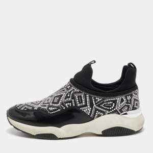 Pre Owned Salvatore Ferragamo Black Patent and Fabric Crystal Embellished Low Top Sneakers Size 38