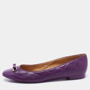 Salvatore Ferragamo Purple Quilted Leather Cap Toe Bow Ballet Flats Size 40.5