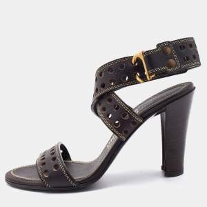 Pre Owned Salvatore Ferragamo Brown Perforated Leather Ankle Wrap Sandals Size 38