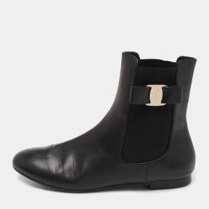 Salvatore Ferragamo Black Leather Vara Bow Chelsea Ankle Boots Size 38.5
