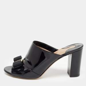 Salvatore Ferragamo Black Patent Leather Vara Bow Block Heel Mules Size 38