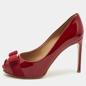 Pre Owned Salvatore Ferragamo Red Patent Leather Vara Bow Peep Toe Platform Pumps Size 37
