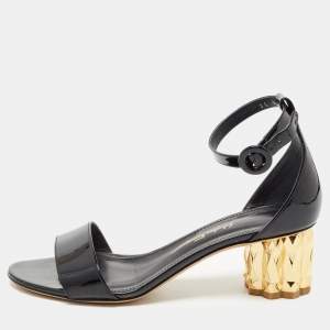 Salvatore Ferragamo Black Patent Leather Azalea Ankle Strap Block Sandals Size 37