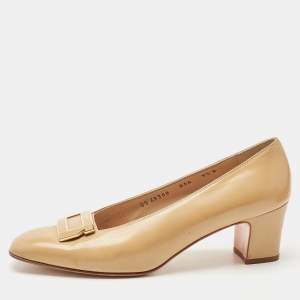 Pre Owned Salvatore Ferragamo Beige Leather Block Heel Pumps Size 40