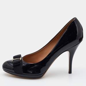 Pre Owned Salvatore Ferragamo Black Patent Leather Vara Bow  Pumps Size 41.5