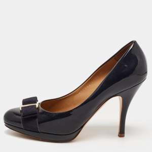 Pre Owned Salvatore Ferragamo Navy Blue Patent Leather Vara Bow Pumps Size 37