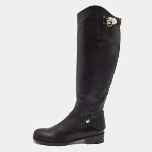 Salvatore Ferragamo Black Leather Knee Length Boots Size 37.5