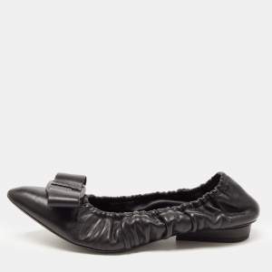 Pre Owned Salvatore Ferragamo Black Leather Vara Bow Scrunch Ballet Flats Size 38