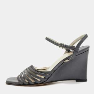Salvatore Ferragamo Grey Leather Strappy Wedge Sandals Size 36.5 