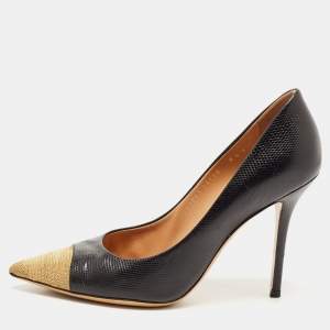 Pre Owned Salvatore Ferragamo Black Textured Leather Chainlink Cap Toe Pumps Size 39