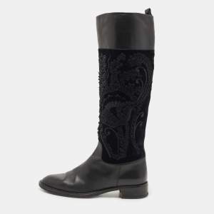 Salvatore Ferragamo Black Leather and Velvet Knee Length Boots Size 38