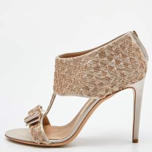 Pre Owned Salvatore Ferragamo Beige Sequins and Satin Vara Bow Ankle Strap Sandals Size 39