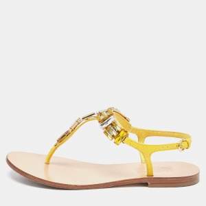 Pre Owned Salvatore Ferragamo Yellow Leather Crystal Embellished T Strap Flats Size 37.5