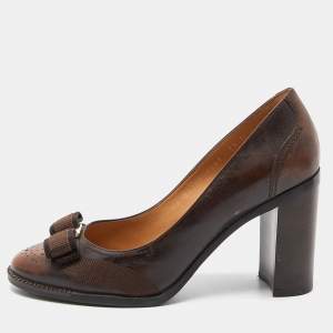 Pre Owned Salvatore Ferragamo Brown Leather Vara Bow Block Heels Pumps Size 38