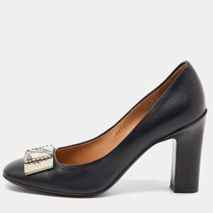 Pre Owned Salvatore Ferragamo Black Leather Bow Block Heel Pumps Size 37