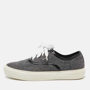 Pre Owned Salvatore Ferragamo Grey/Black Wool and Patent Leather Low Top Sneakers Size 37
