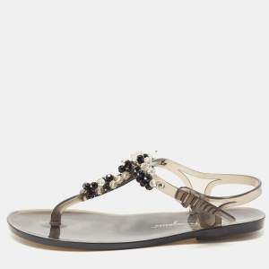 Salvatore Ferragamo Black PVC Embellished Flat Sandals Size 39.5